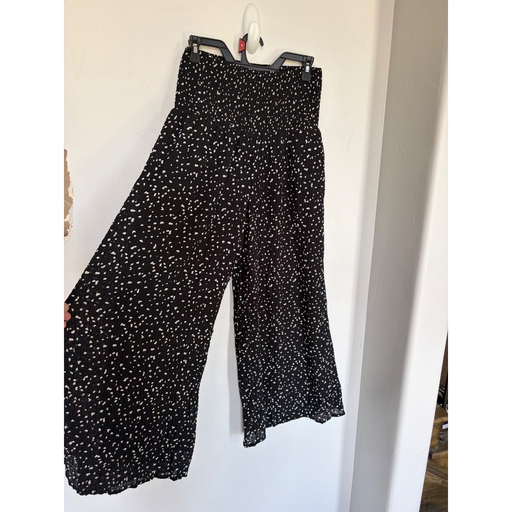 White Birch Womens Black White Polka Dot Smocked High Waist Wide Leg Pants M